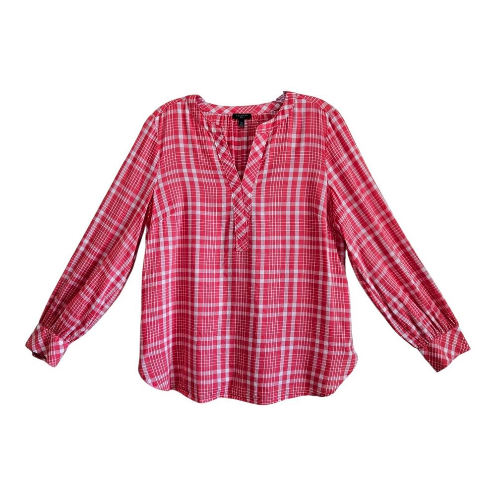 TALBOTS Women's Petite M MP Blouse Plaid Salmon White V-Neck Long Sleeve 38"